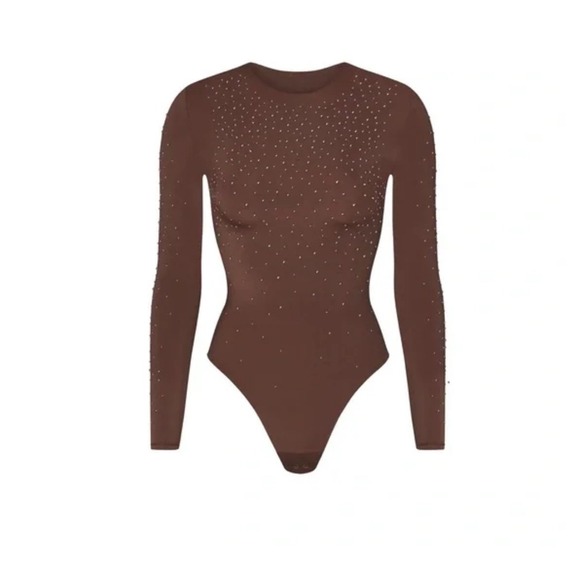 Swarovski x Skims Jelly Sheer Long Sleeve Crew Neck BodysuitColor cocoa